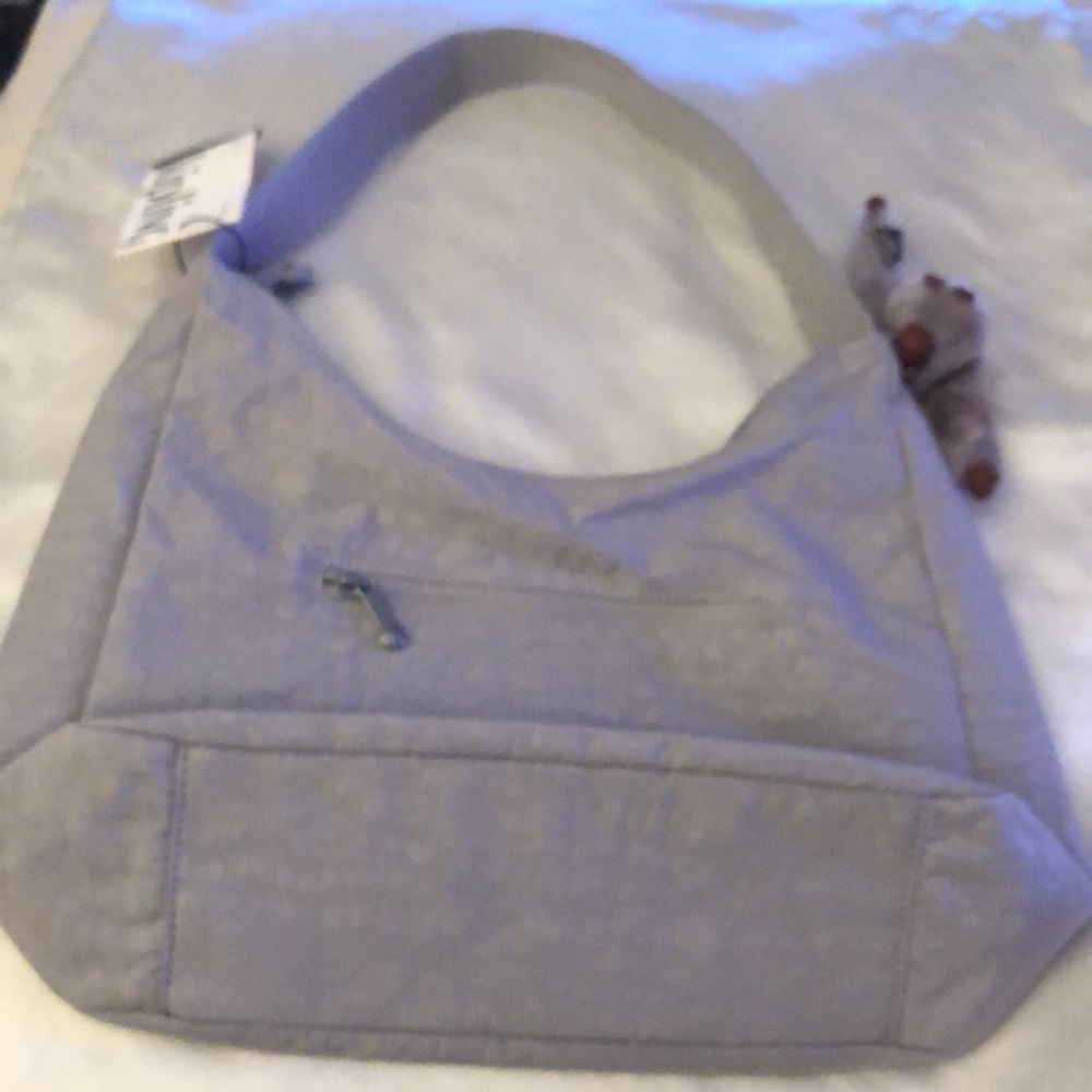 Kipling Isidora Nylon Shoulder Bag Dove Grey + Monkey Key Chain OS NWT - Picture 8 of 16
